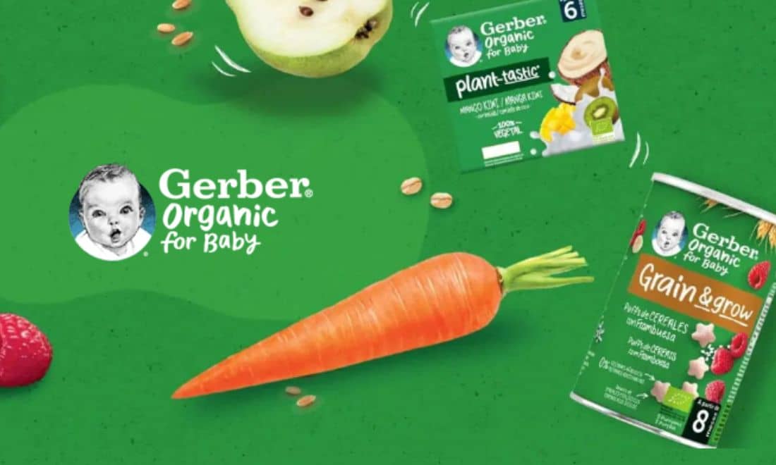 gama de produtos de alimentação infantil da marca GERBER em fundo verde