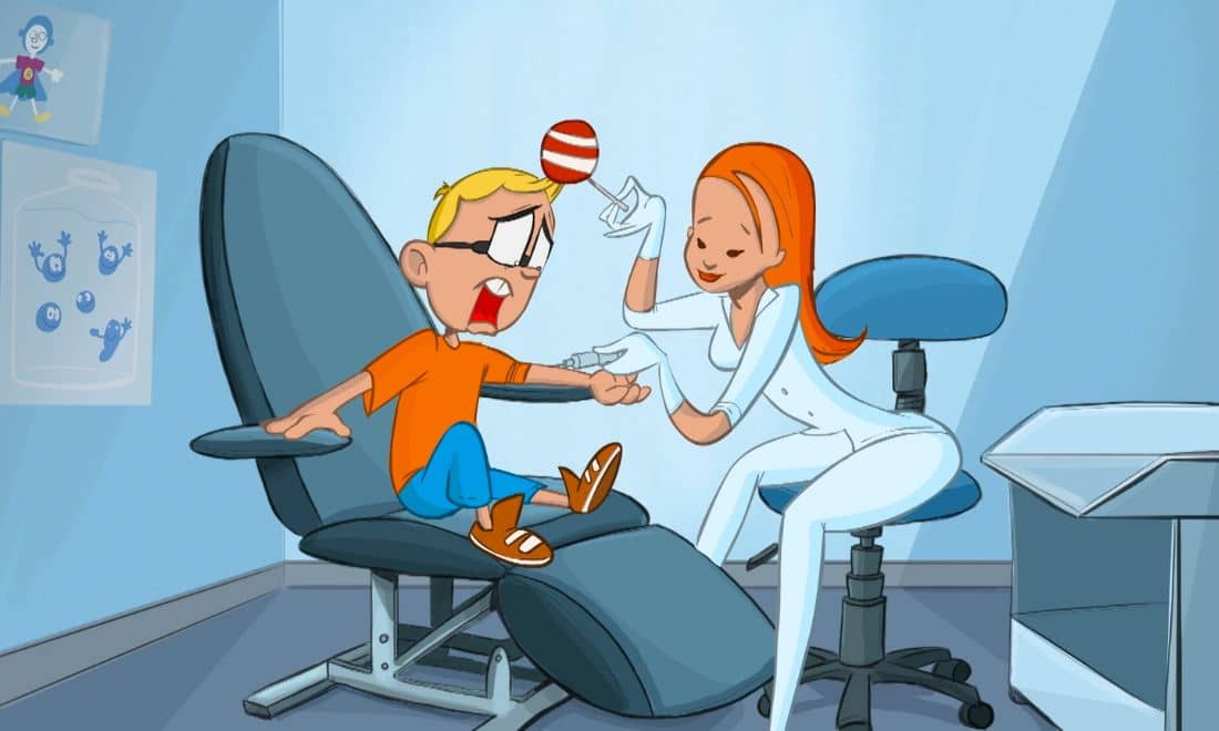 ilustração de menino numa cadeira de dentista