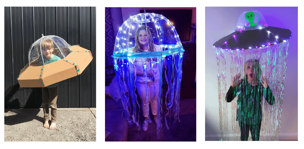 crianças vestidas de alien ou alforreca para o halloween