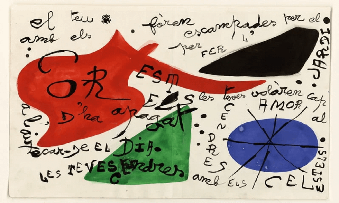 pintura colorida de joan miró a vermelho verde azul e preto com letras