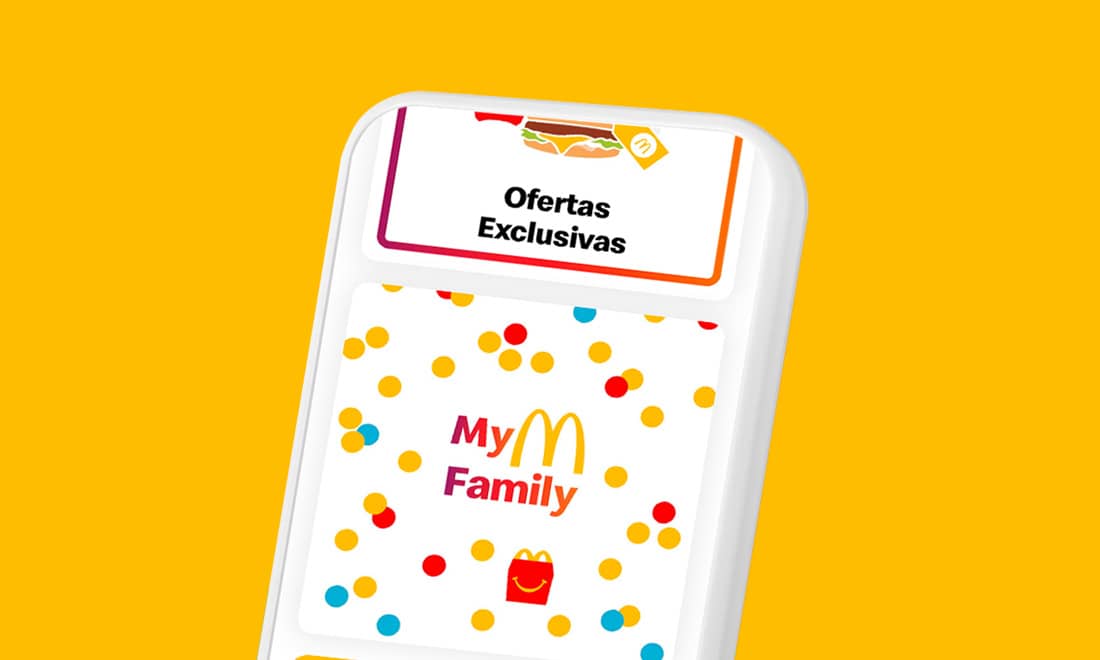 app MyM Family da McDonald's com lembrete de ofertas exclusivas em fundo amarelo