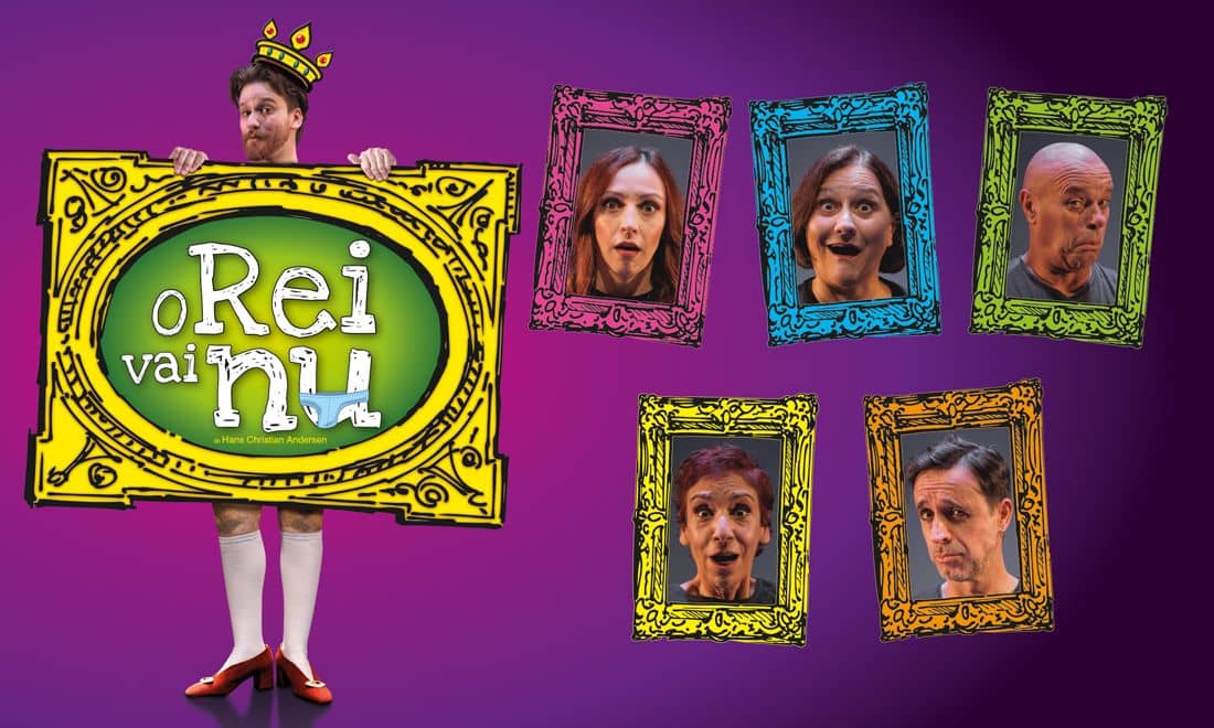 Teatroesfera Musical Infantil O Rei Vai Nu atores em molduras com rei inteiro sem roupa a segurar moldura em fundo roxo