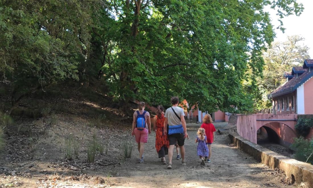 Tapada Nacional de Mafra percursos pedestres família a caminhar na floresta
