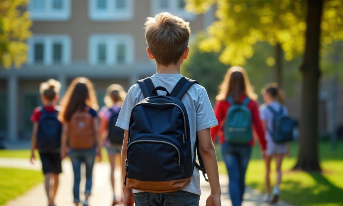 Regresso às aulas escola BTS menino de mochila às costas entrar na escola atrás de outras crianças matrículas