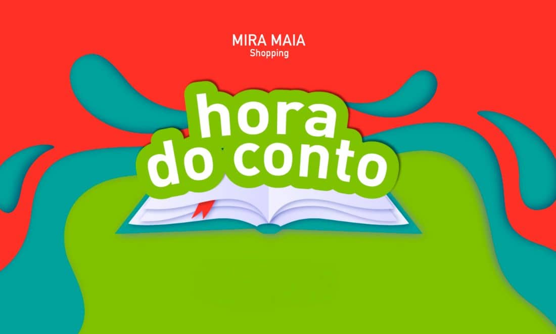 Mira Maia Shopping ilustração hora do conto letras com fundo vermelho, verde e azul