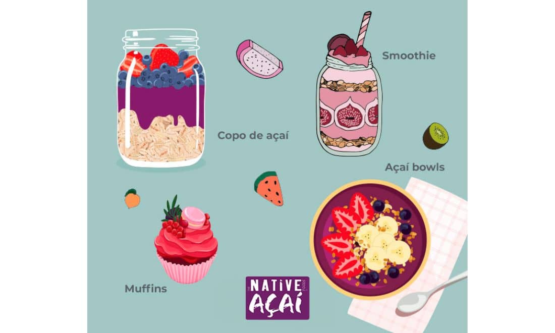 Native Foods Açaí ilustração pequeno-almoço para crianças nutritivo exemplos logo Native Açaí