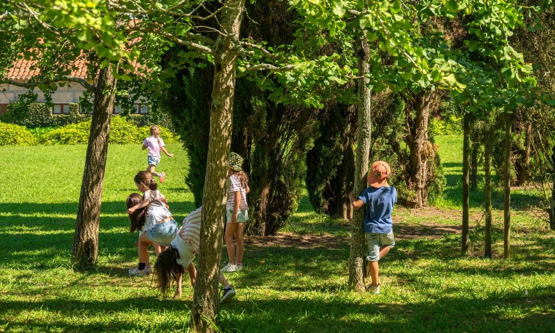 Fundação de Serralves crianças a brincar e correr no jardim entre as árvores