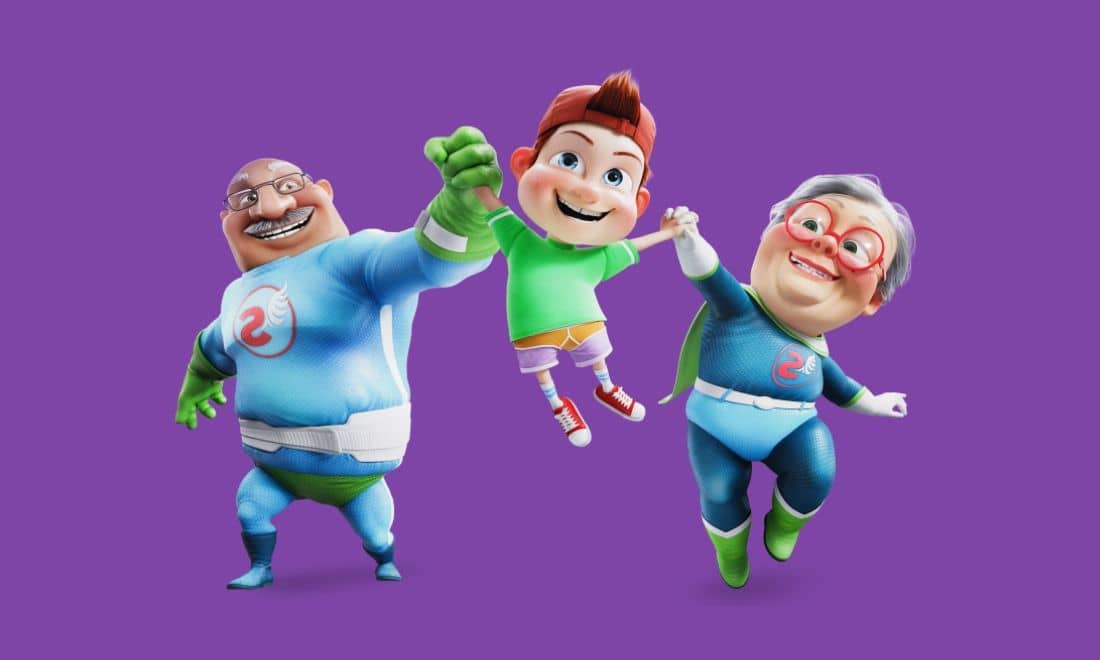 Boehringer Ingelheim Portugal prevenção do AVC neto e avós personagens em fundo roxo