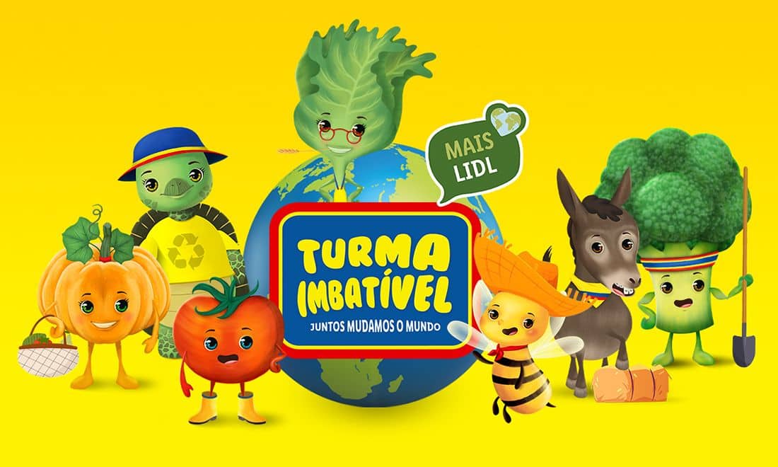 LIDL alimentação saudável turma imbatível fundo amarelo ilustração dos personagens