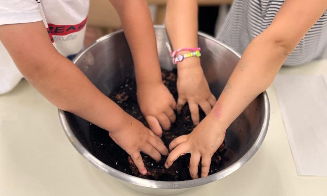 MACAM oficinas biscoitos com arte crianças com mãos na tigela a amassar