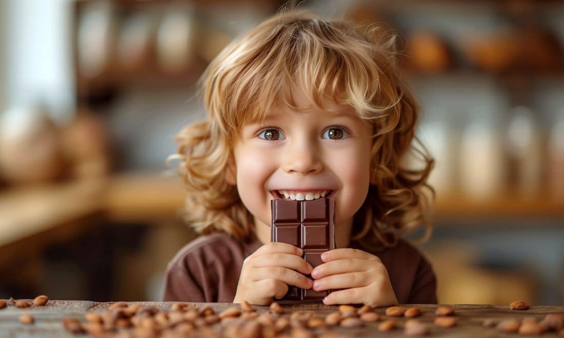 Menino a morder tablete de chocolate muito feliz tons alaranjados e acastanhados