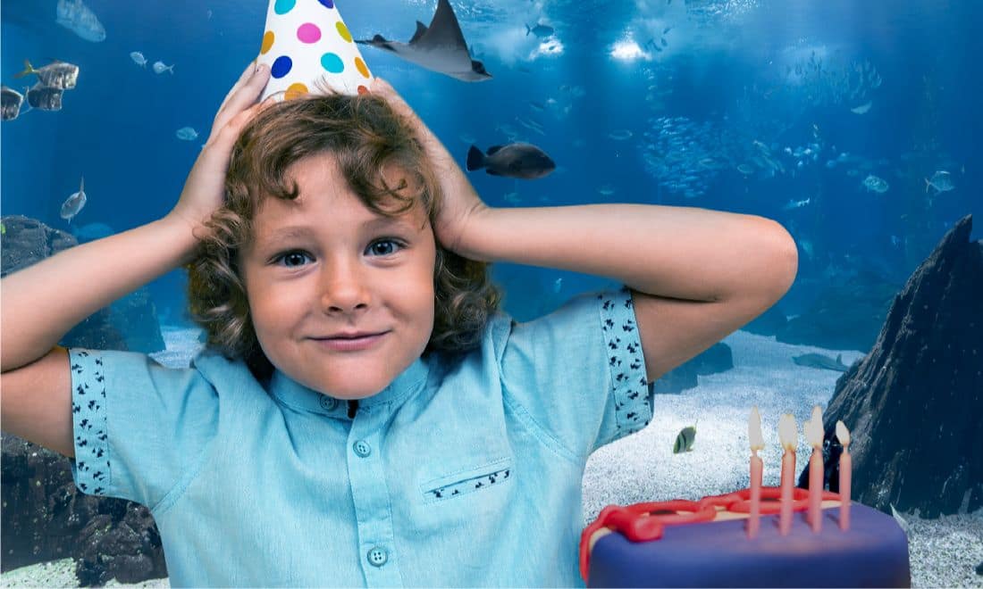 Oceanário de Lisboa festas de aniversário menino com chapéu de festa em frente ao aquário principal