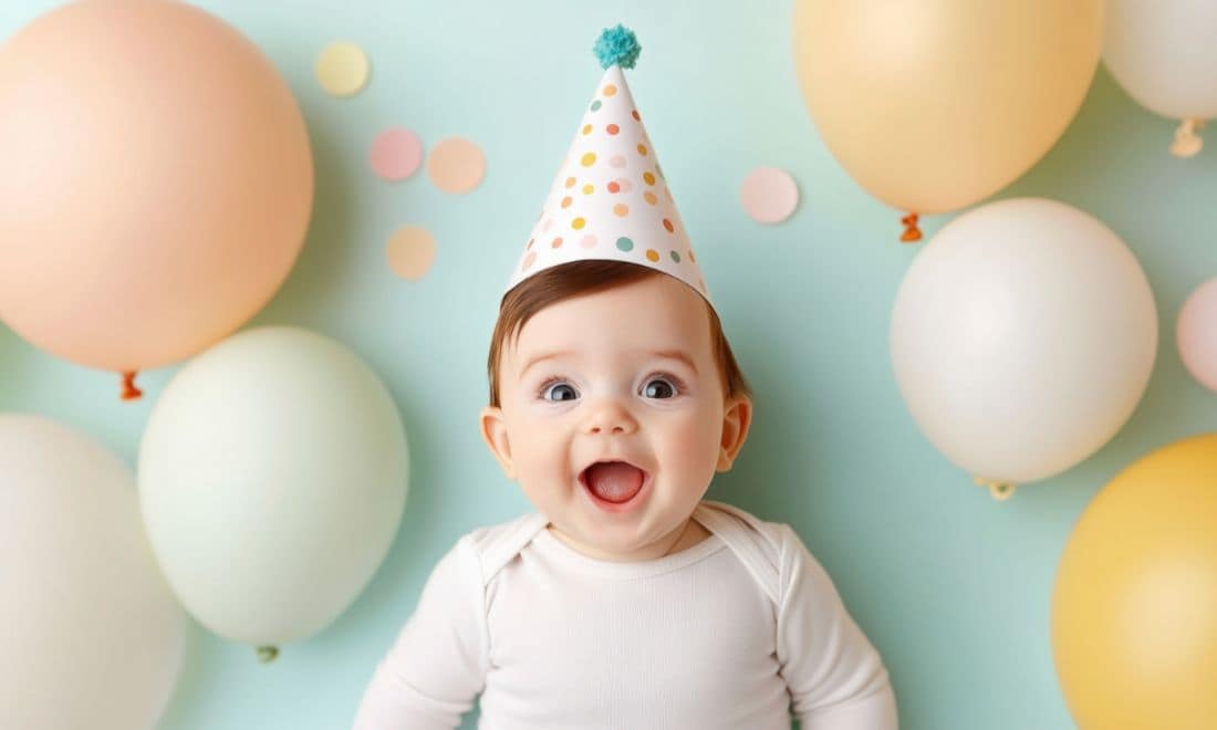Festas de aniversário para bebés bebé feliz com chapéu de festa e balões em tom pastel com fundo azul