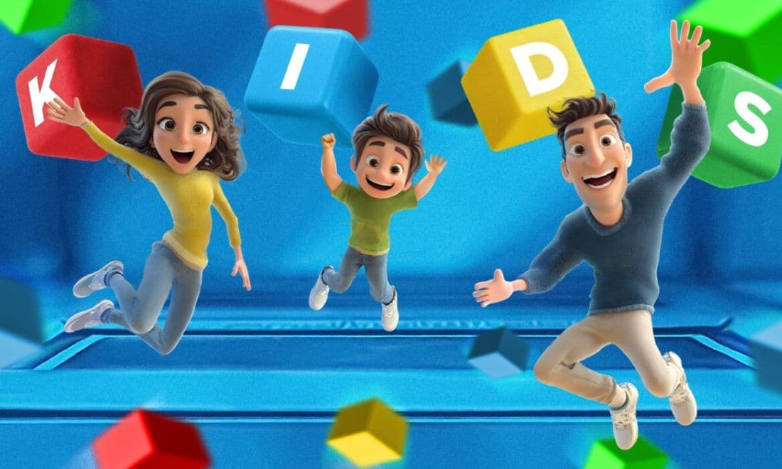 Quantum Park Kids Session ilustração pais e filho a saltar entre blocos coloridos KIDS