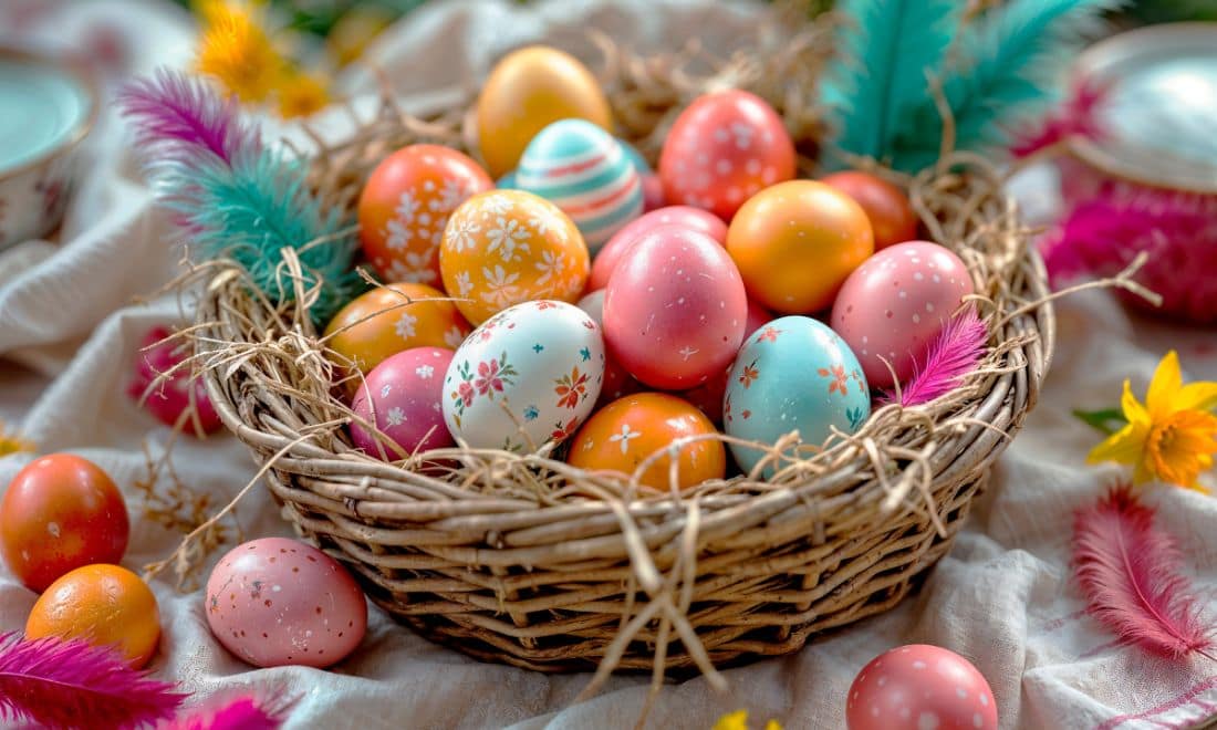 Cesta sem pega com ovos da Páscoa em tons rosa e pastel em toalha jardim piquenique com flores