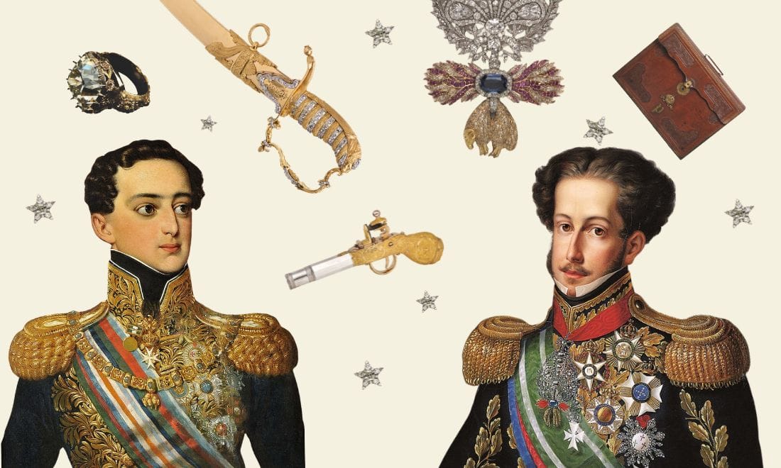 Museu do Tesouro Real ilustração dois homens realeza e elementos em volta joias, arma, eTC