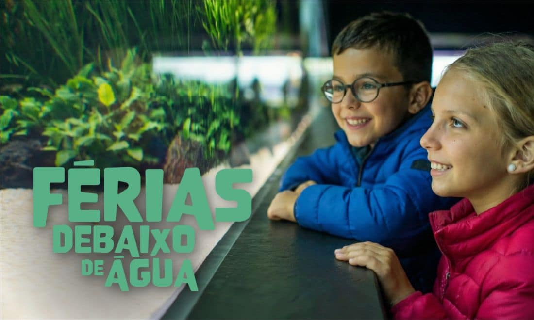 Oceanário de Lisboa férias para crianças Férias debaixo de Água duas crianças menina e menino a olhar para aquário iluminado com letras