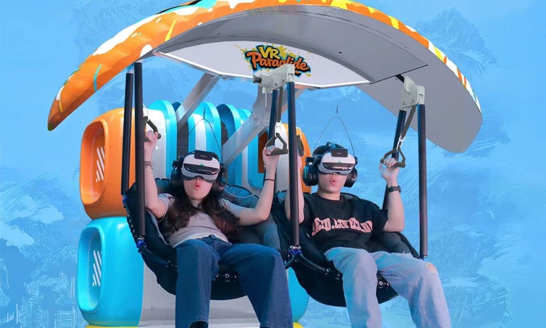 Bowling City realidade virtual menina e menino de óculos sentados em pára-quedas