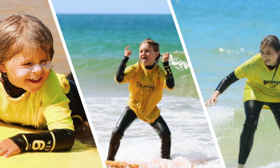 Carcavelos Surf School três crianças em fotos separadas no mar em cima da prancha