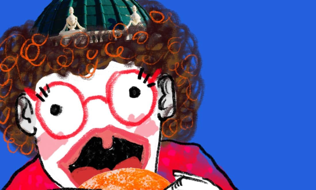 Teatro Tivoli BBVA Lisboa oficinas de férias no teatro ilustração menina de óculos redondos a comer bola de berlim
