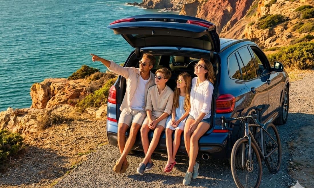 Viagens em família mãe, pai, filha e filho sentados na bagageira do carro numa falésia com vista para o mar bicicleta ao lado do carro