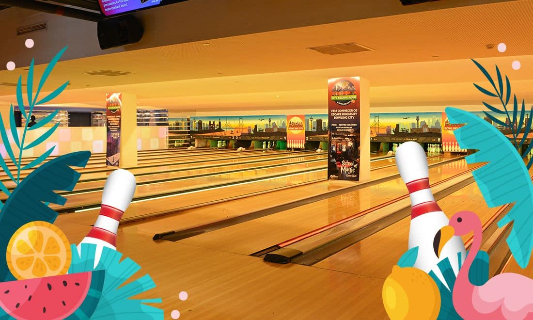 Bowling City pistas de bowling com ilustrações de verão melância, laranja, flamingo, folhas